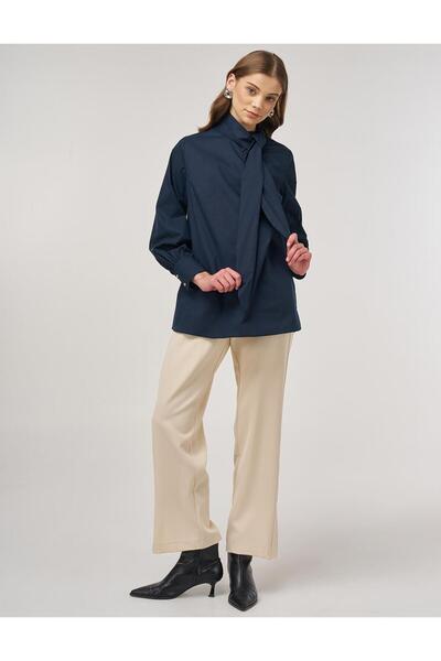Kayra Collar Detailed Cotton Tunic Dark Navy Blue
