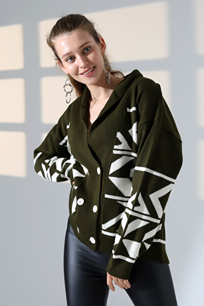 ALCHON V Fold Collar Long Sleeve Jacquard Panel 6 Buttons Winter Stylish Thick Knitwear Sweater