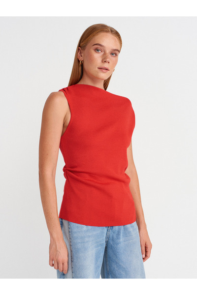 Dilvin 10778 Boat Neck Draped Slim Knitwear Blouse-Red