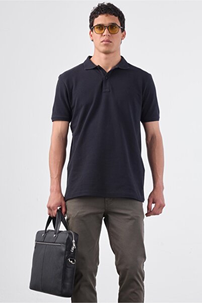Dufy Siyah Polo Yaka Pamuklu Düz Renk Slim Fit Erkek T-shirt
