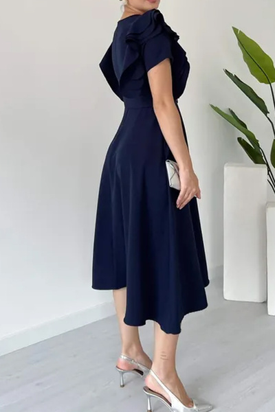 MILANOFOX Atlas Crepe A-Line Midi Length Dress with Shoulder Ruffle Detail and Belt