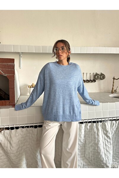 Genel Markalar Kadın Yumuşak Dokulu Mavi Oversize Kazak