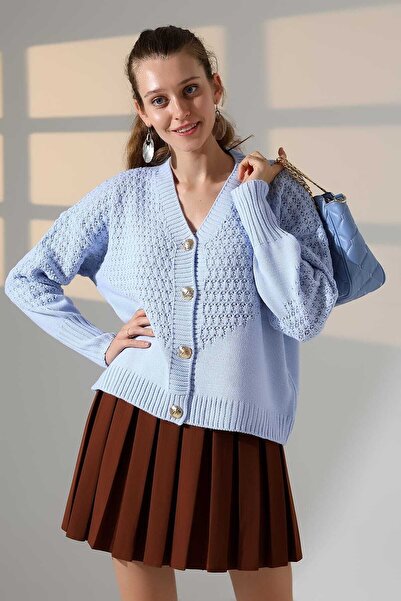 ALCHON V-Neck Long Sleeve Textured Patterned 4 Button Stylish Knitwear Cardigan