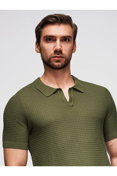 OMBRE Herren-Strick-Poloshirt ohne Knöpfe - oliv V1 OM-POSS-0157