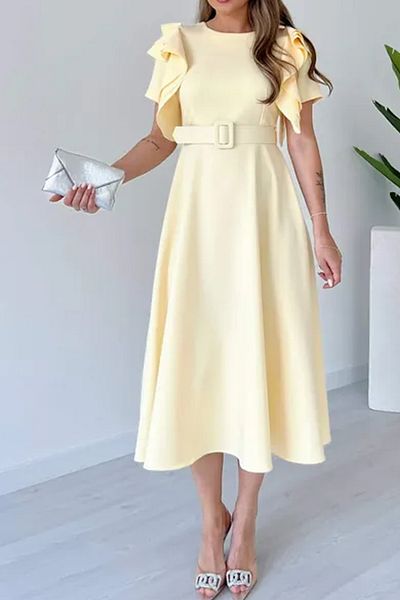 MILANOFOX Atlas Crepe A-Line Midi Length Dress with Shoulder Ruffle Detail and Belt