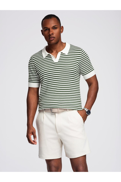 OMBRE Gestricktes Poloshirt ohne Knöpfe für Herren mit marineblauen Streifen – Weiß und Oliv V3 OM-POSS-0161