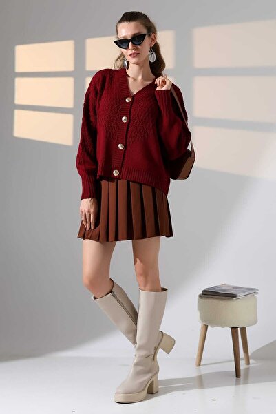 ALCHON V-Neck Long Sleeve Textured Patterned 4 Button Stylish Knitwear Cardigan