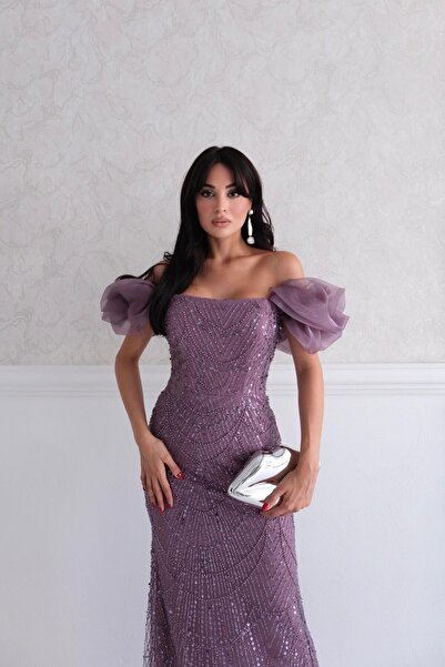 Serica Moda Lilac Balloon Sleeve Detailed Sequin Embroidered Strapless Evening Dress