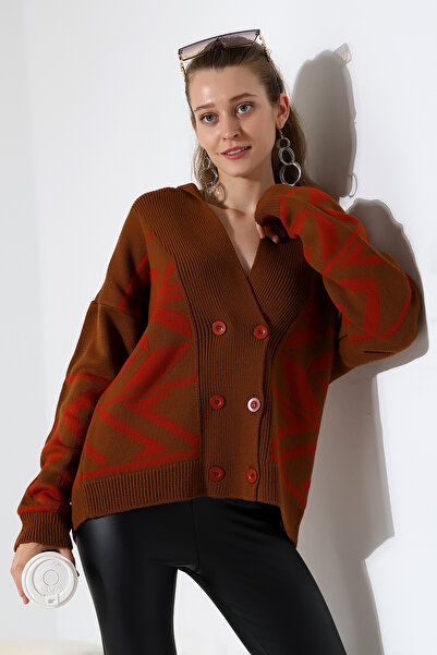 ALCHON V Fold Collar Long Sleeve Jacquard Panel 6 Buttons Winter Stylish Thick Knitwear Sweater