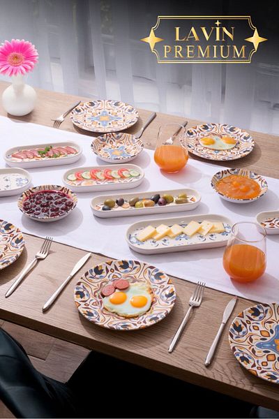 YzHome 14 Piece Porcelain Breakfast Set for 6 People Breakfast Presentation Set Plate Plate