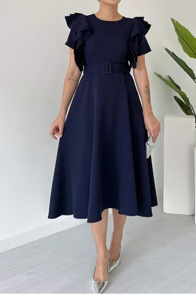 MILANOFOX Atlas Crepe A-Line Midi Length Dress with Shoulder Ruffle Detail and Belt