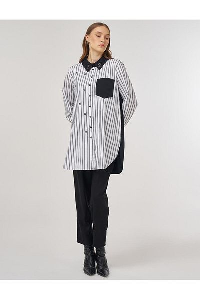 Kayra Collar Stone Embroidered Cotton Tunic Black