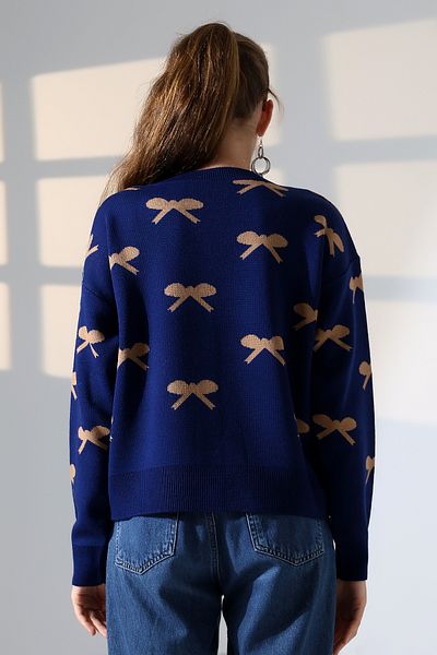 ALCHON Round Neck Long Sleeve Jacquard Panel Bow Tie Bow Pattern 5 Buttons Winter Knitwear Cardigan