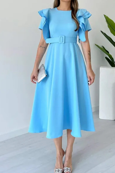 MILANOFOX Atlas Crepe A-Line Midi Length Dress with Shoulder Ruffle Detail and Belt