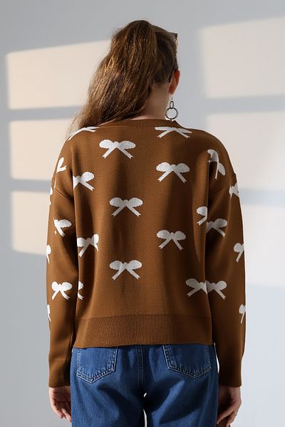 ALCHON Round Neck Long Sleeve Jacquard Panel Bow Tie Bow Pattern 5 Buttons Winter Knitwear Cardigan
