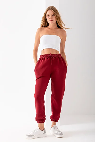 GİYSA Women's Burgundy Pocket Sweatpants Elasticized Leg and Drawstring Waist 3 Thread Ribbed Cotton Blend - 2529-9016