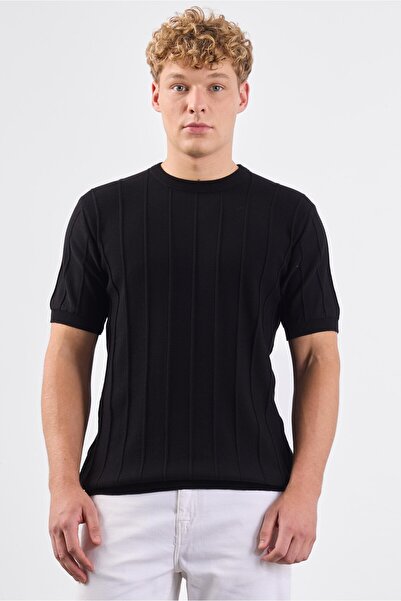 Dufy Siyah Çizgili Desen Kısa Kol Slim Fit Erkek Triko