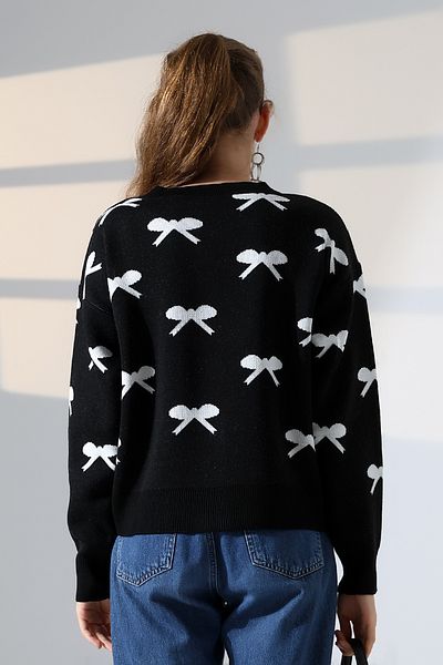 ALCHON Round Neck Long Sleeve Jacquard Panel Bow Tie Bow Pattern 5 Buttons Winter Knitwear Cardigan