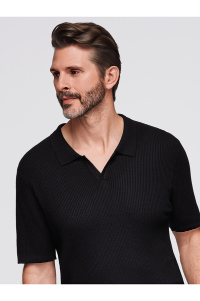 OMBRE Herren Poloshirt ohne Knöpfe mit offenem Kragen - schwarz V2 OM-POSS-0160