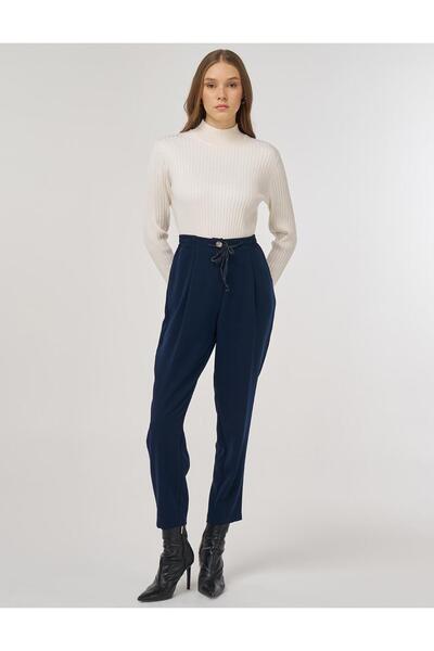 Kayra Lace-Up Viscose Trousers Dark Navy Blue