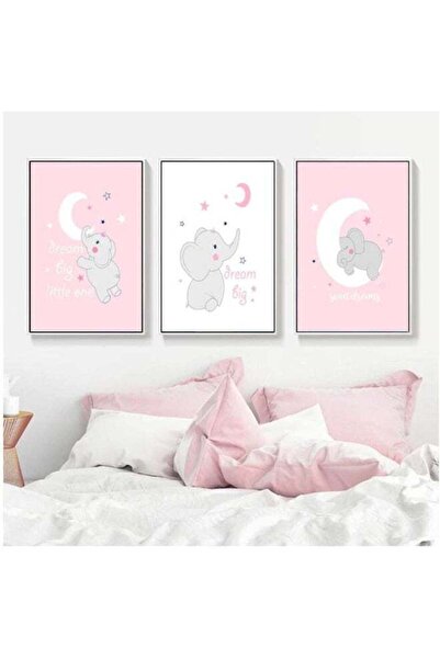 Emoda home Trove لوحة جدارية فنية باللونين الأبيض والوردي من بلامك، ملصق قمر وفيل صغير