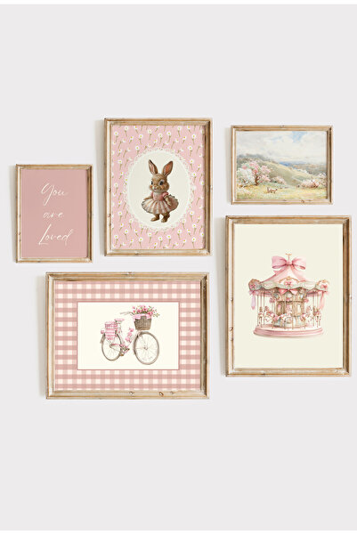 Kids 5’li Pembe Vintage Çocuk Odası Çerçeveli Poster Seti