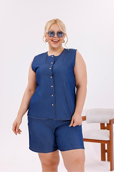Siyezen Plus Size Buttoned Shorts Jean Suit