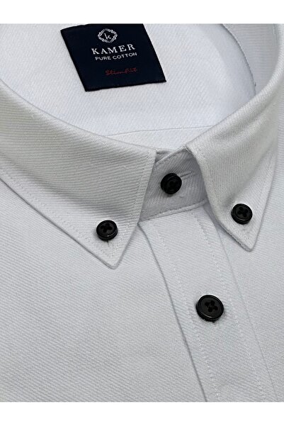 KAMER Men's Slim Fit Long Sleeve Button Collar Pocketless White Shirt 2401B