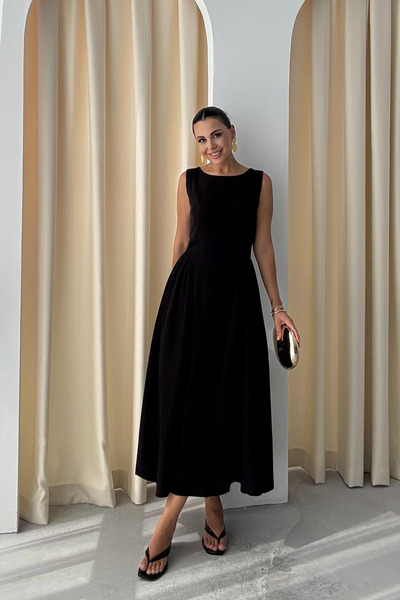 Seda Yalçın Atelier Black Linen Gathered Sides Midi Length Princess Dress