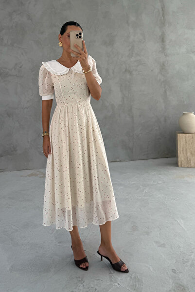 Seda Yalçın Atelier Beige Baby Collar Heart Patterned Dress