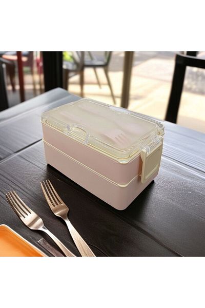 SANALTİCARETİM Rectangular Two-Layer Lunch Box Pink Color Lunch Box Storage Box
