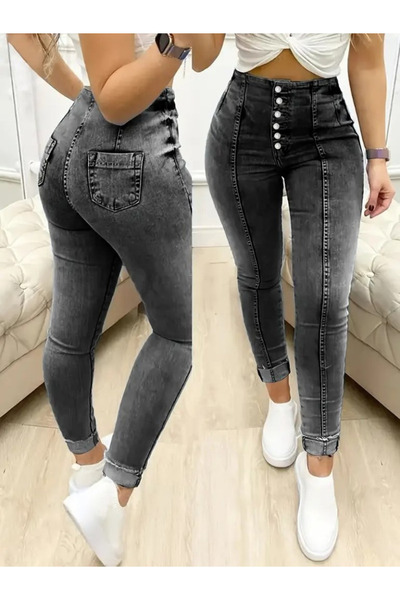 Kokosh moda Women's High Waist Front Buttoned Jean Trousers