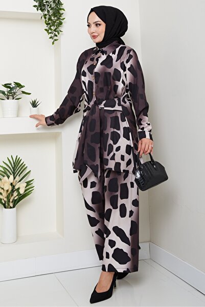 Bestenur Leopard Patterned Double Set 1580 - Brown
