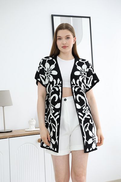 ALCHON V-Neck Unlined Jacquard Panel Floral Patterned Seasonal Knitwear Vest Cardigan