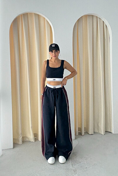 Seda Yalçın Atelier Navy Blue Ribbed Waist Stripe Detailed Wide Leg Trousers Bustier Suit