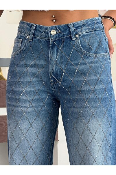 XBELLA DENİM Pantaloni de damă din denim drept cu model de diamante