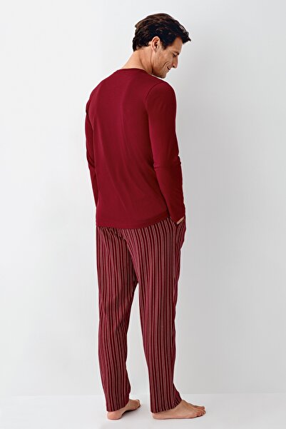 Arnetta Erkek Sade Üç Düğmeli Uzun Kol Çizgili Pantolon Pijama Takımı (Battal Beden Vardır)