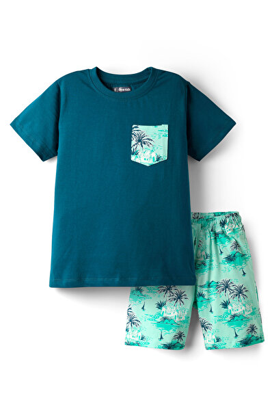 Pine kids بدلة نوم نصف كم من قماش جيرسي محبوك بطبعة استوائية - أزرق مخضر