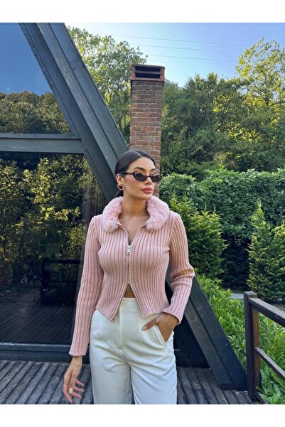 İKRAFASHİON Yakası Kürklü Triko Hırka