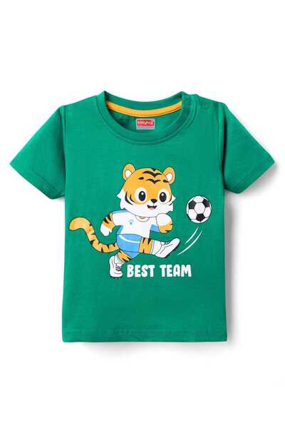 Babyhug Cotton Knit Half Sleeves Night Suit With Tiger Print - Green