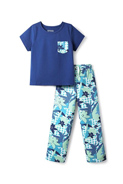Pine kids طقم بيجاما من قماش جيرسي محبوك بأكمام نصفية وطبعة زهور - أزرق داكن