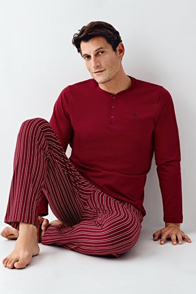 Arnetta Erkek Sade Üç Düğmeli Uzun Kol Çizgili Pantolon Pijama Takımı (Battal Beden Vardır)