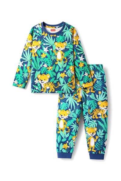Babyhug Cotton Knit Full Sleeves Co-Ord Night Suit With Jungle Theme Print - Green