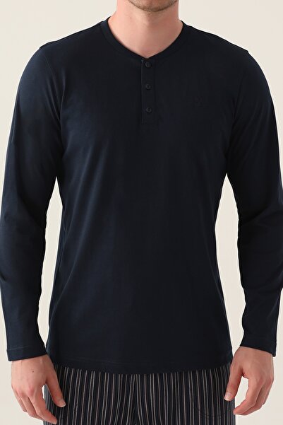 Arnetta Erkek Sade Üç Düğmeli Uzun Kol Çizgili Pantolon Pijama Takımı (Battal Beden Vardır)