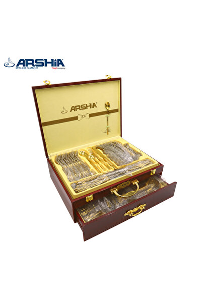 Arshia Luxury German Arshia Collection Stainless Steel Cutlery Set, 86 Pieces, Gold + Free Gift
