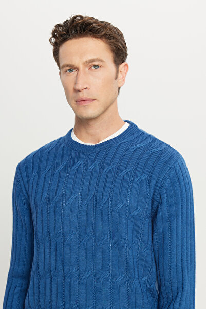 AC&Co / Altınyıldız Classics Erkek Havacı Mavi Yünlü Standart Fit Normal Kesim Bisiklet Yaka Jakarlı Triko Kazak