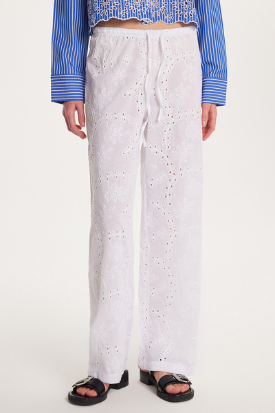 Tudors Women's Regular Fit 100% Cotton Elastic Waist Tied Wide Leg White Trousers