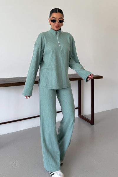 MODAGEN Women's Mint Green Half Zipper Stand Collar Sweatshirt with Bottom-Top Pants Suit
