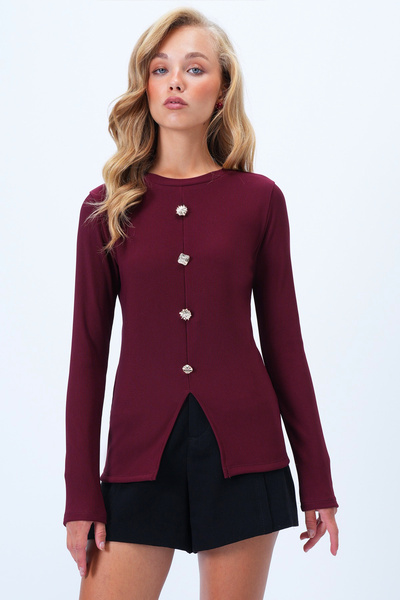Trend Alaçatı Stili Women's Burgundy Crew Neck Front Slit Button Detailed Ottoban Blouse Alc-X14345