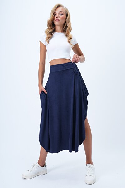 Trend Alaçatı Stili Fusta de damă, albastru bleumarin, cu tăietură asimetrică, cu talie legată, din piele artificială de căprioară Alc-X14426